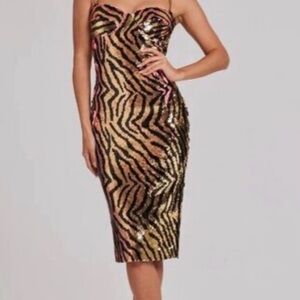 NADINE MERABI Strapless Zebra Sequin Dress NEW Never Worn